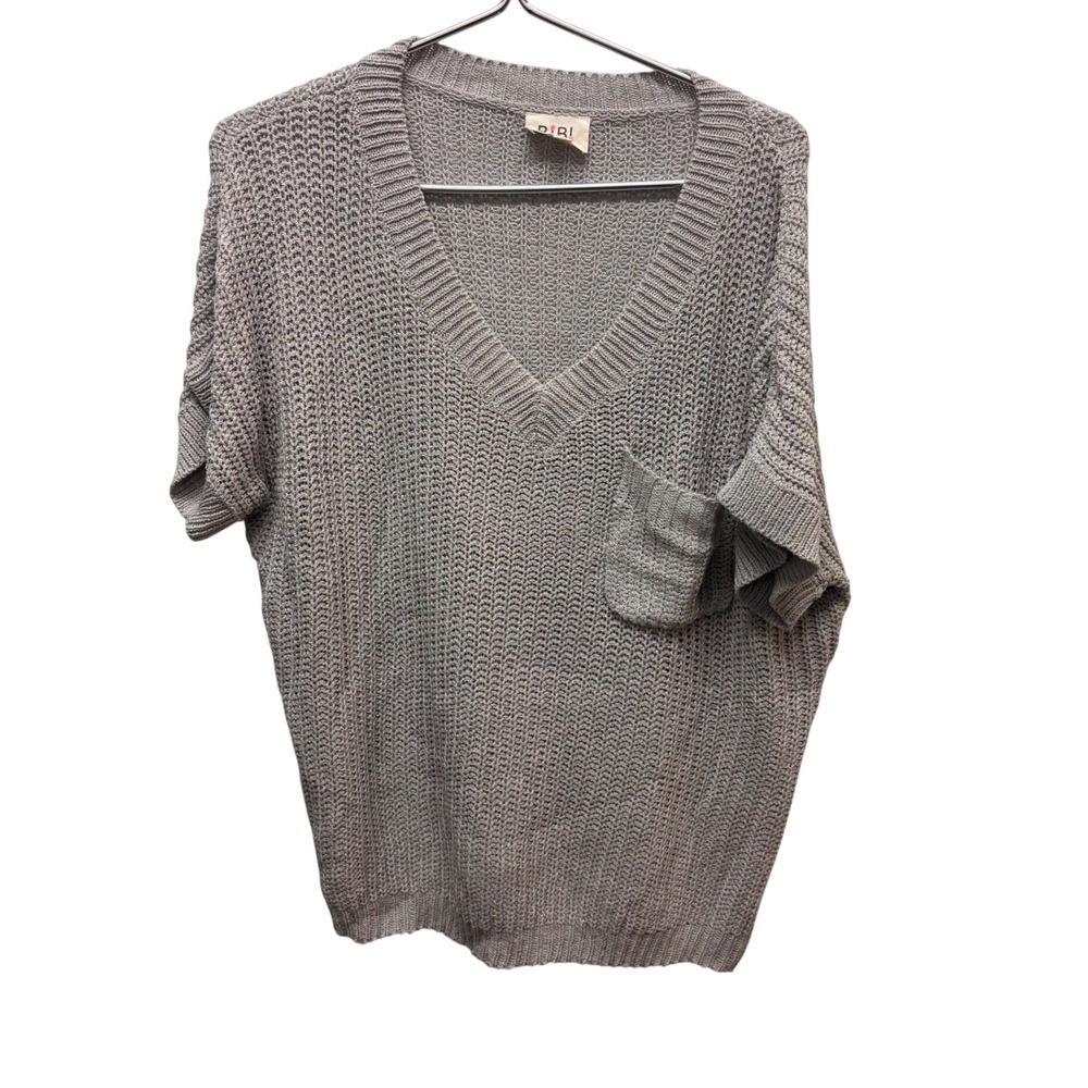BIBI Women Grey Open Knit V-Neck Short Sleeve Pocket Sweater IP4018 Small
